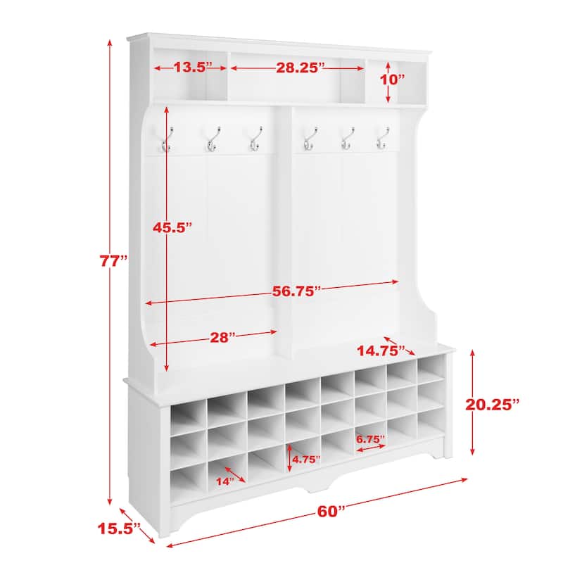 Prepac Hall Tree with Bench and Shoe Storage, Mudroom Bench with Storage and Hooks