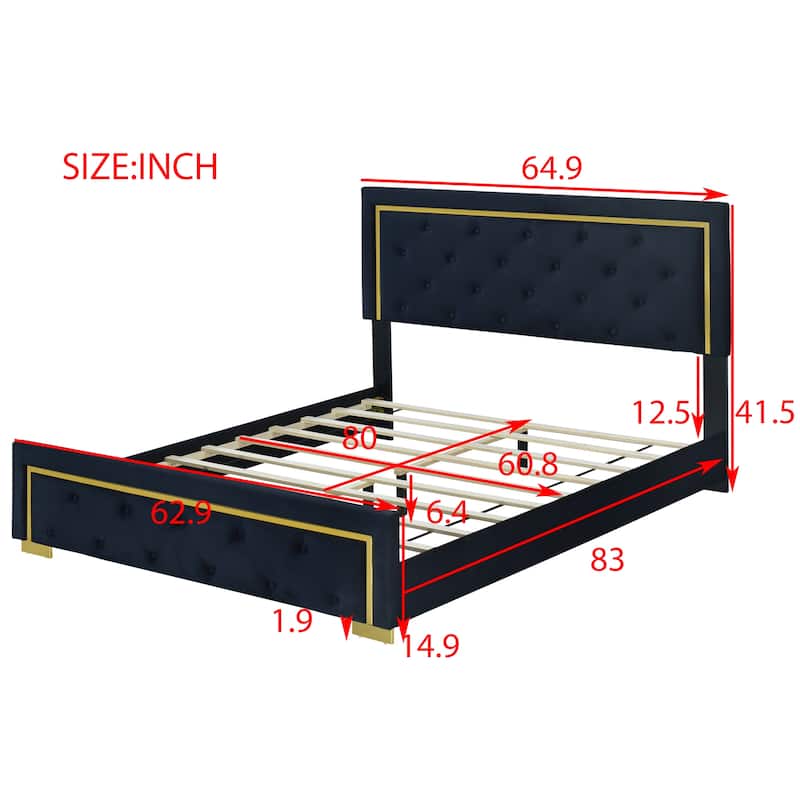 Velvet Upholstered Platform Bed With Pull Point Headboard And Metal Wire Frame
