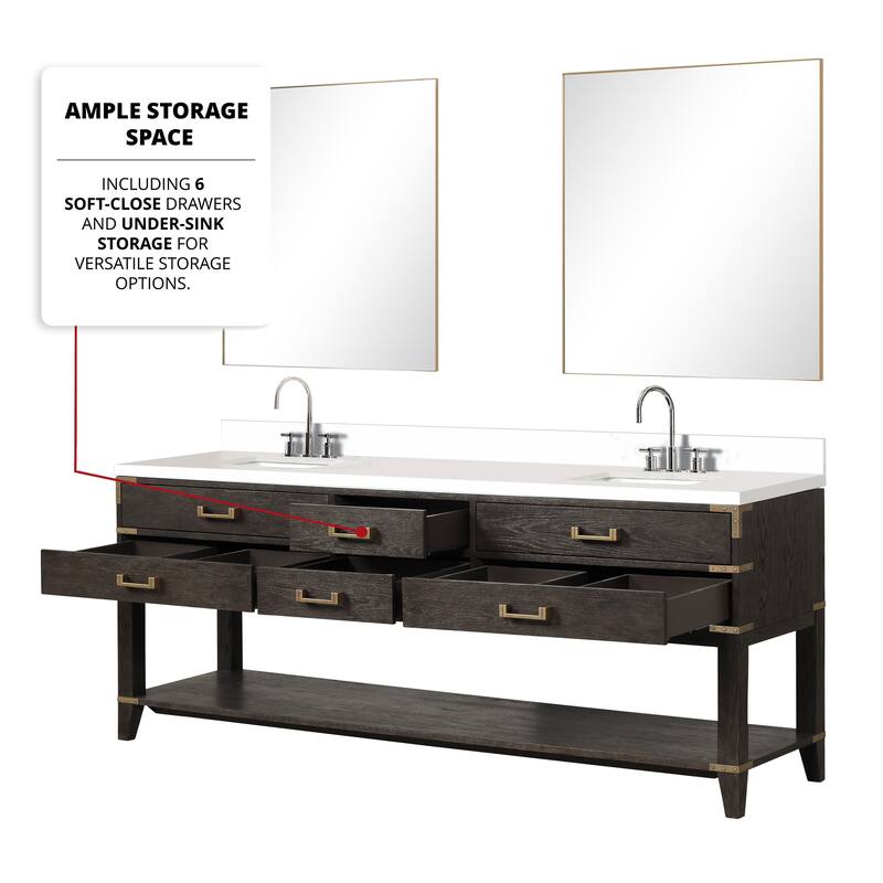 Norwalk 60 in W x 22 in D Black Oak Double Bath Vanity, White Quartz Top, and 28 in Mirrors