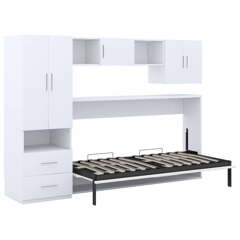 Twin Size Wall Bed with Shelves, Storage Drawers, Wardrobe, and Desk, White
