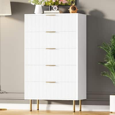 Fluted 5 Drawer Dresser for Bedroom, Wooden Chest with Wide Drawers, Modern Storage Organizer for Closet, Hallway