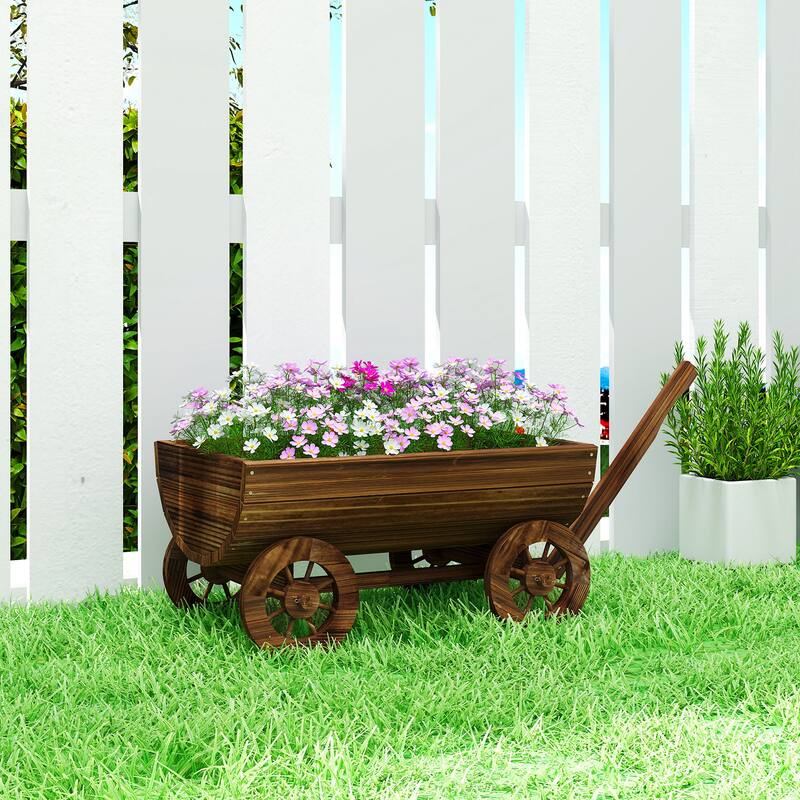 Outsunny Wooden Wagon Planter Box, Mobile Garden Planter with 4 Wheels and Handle, Small Wheelbarrow Wagon Flower Cart - Tan
