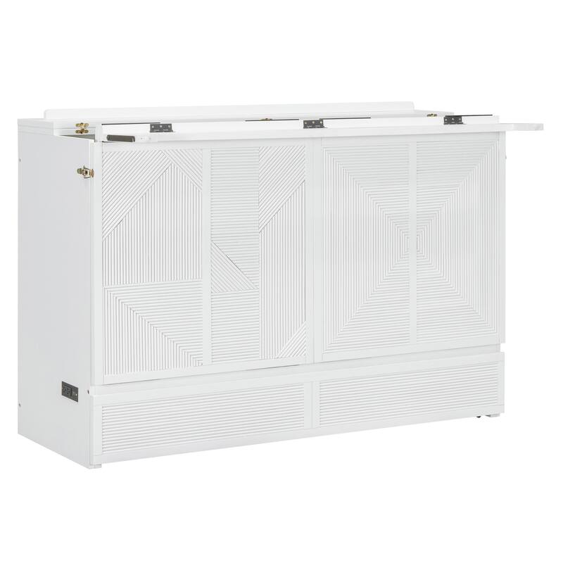Queen Size Murphy Bed with Large Storage Drawer, USB Ports, and Outlets - Gray, Space-Saving Design