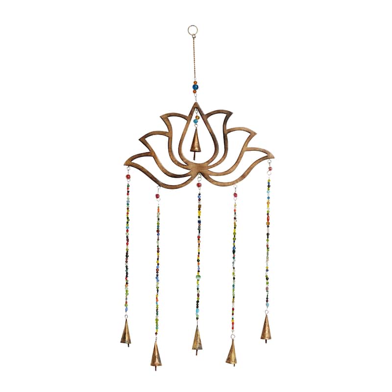 Brown Mango Wood Handmade Lotus Floral Indoor Outdoor Windchime with Glass Beads and Cone Bells
