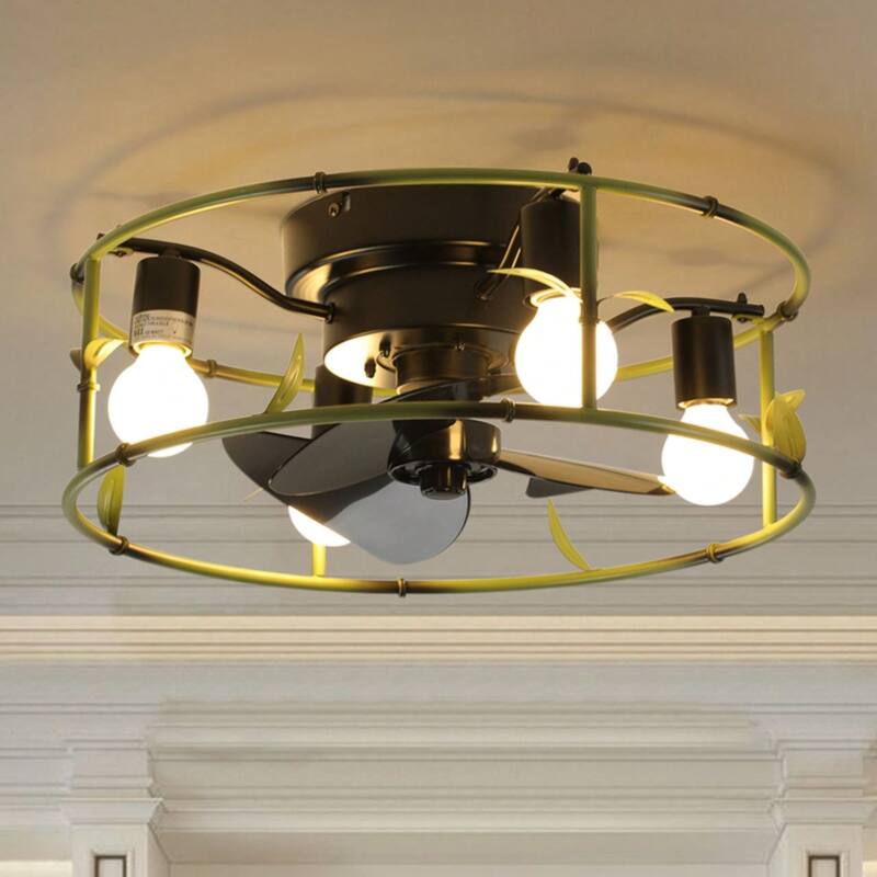Cusp Barn 18.5-Inch Modern Industrial Cage Ceiling Fan with Light, 6-Speed Green Reversible Ceiling Fan Light with Remote - Green - Remote