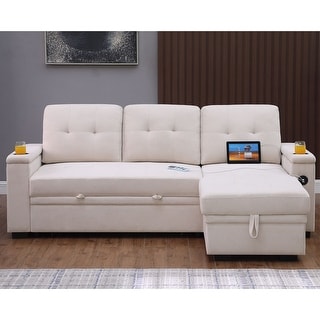 Woven Fabric Reversible Sleeper Sectional Sofa with Storage Chaise ...
