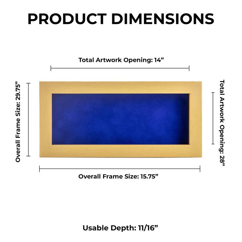 14x28 Shadow Box Frame Natural Wood | With a 3/4" Usable Display Depth | Includes a Royal Blue Real Suede Texture Acid-Free