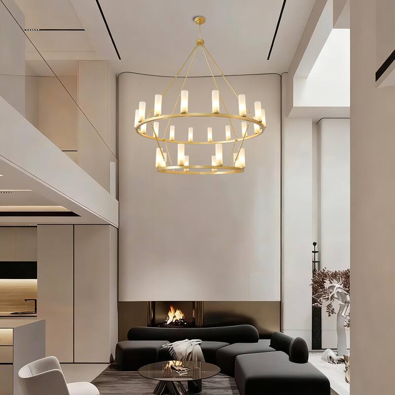 24 - Light 2 - Tier Gold Wagon Wheel Chandelier, 48.6" Wide, Frosted Glass Shades - Brushed Brass