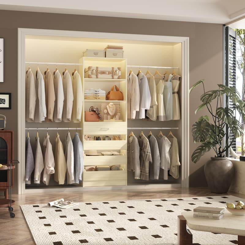 Rackcog 74''-115'' Closet System with 4 Wooden Drawers and 4 Hanging Rods, Sturdy Closet Organizer for Walk-in/Reach-in Closet