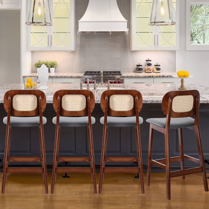 Wood Upholstered Counter Height Bar Stools with Rattan Back - 36.81"H x 17.72"W x 18.7"D