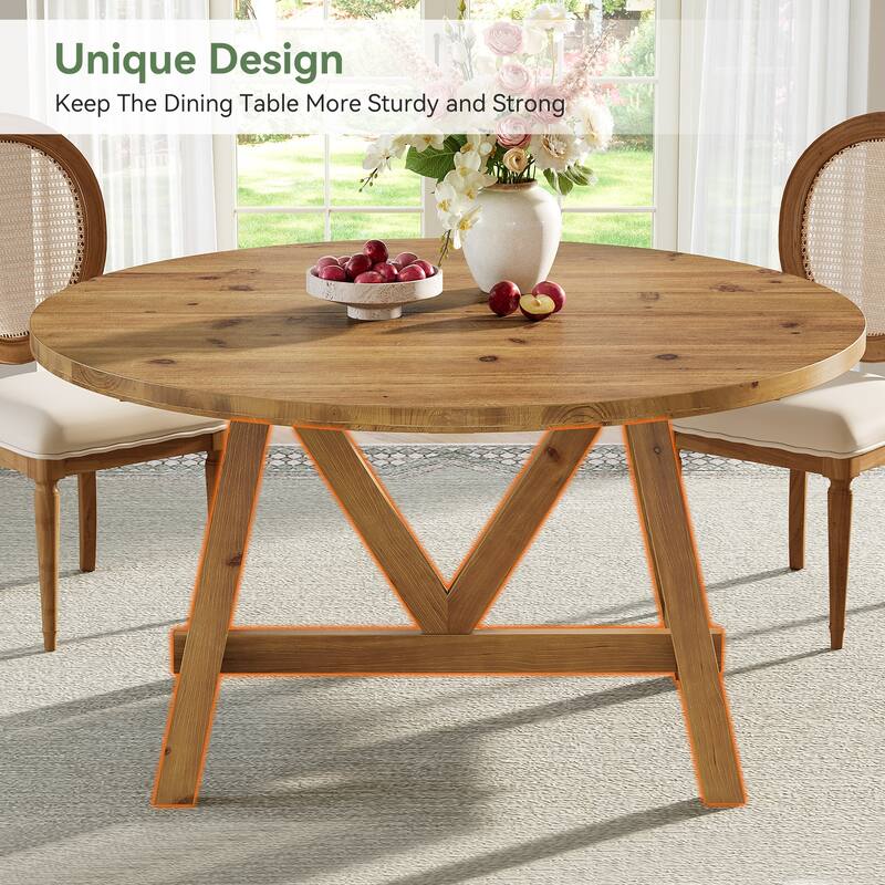 Solid Wood Dining Table, 63" Farmhouse Round Kitchen Table for Dining Room