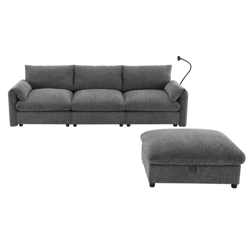 L Shaped Wide Seat Chenille Sectional Sofa w/ Storage Ottoman, Pockets, USB
