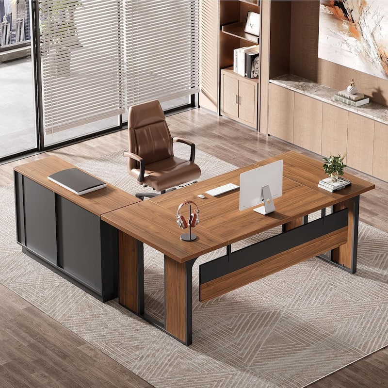 63 Inches Executive Desk, L Shaped Office Table with 47 Inches File Cabine - Brown and Black