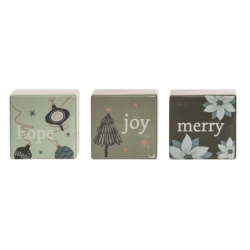 Transpac Ceramic Green Dream Block Decor Set of 3 Christmas Home Decorations