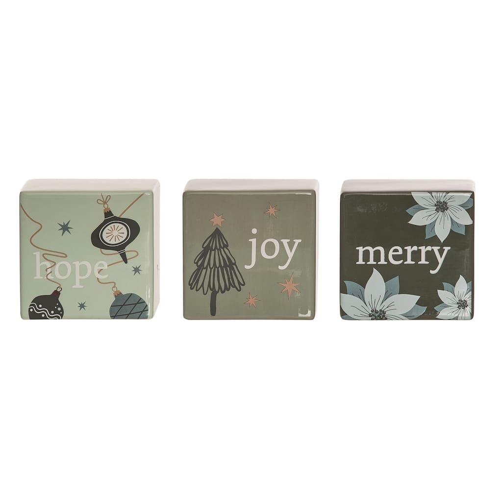 Transpac Ceramic Green Dream Block Decor Set of 3 Christmas Home Decorations