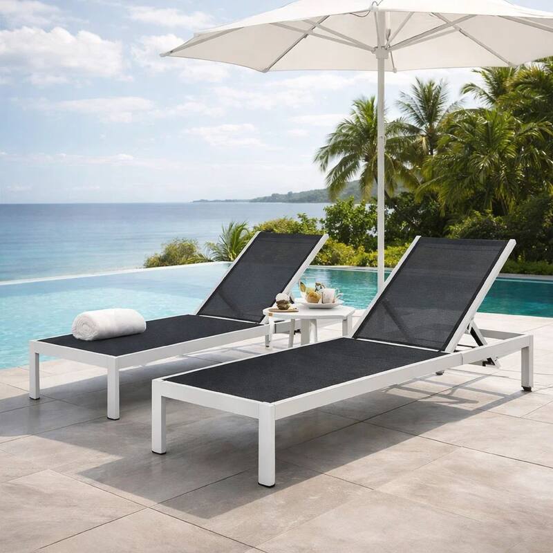 Edie 76 Inch Outdoor Adjustable Chaise Lounger, Metal, Black Textilene