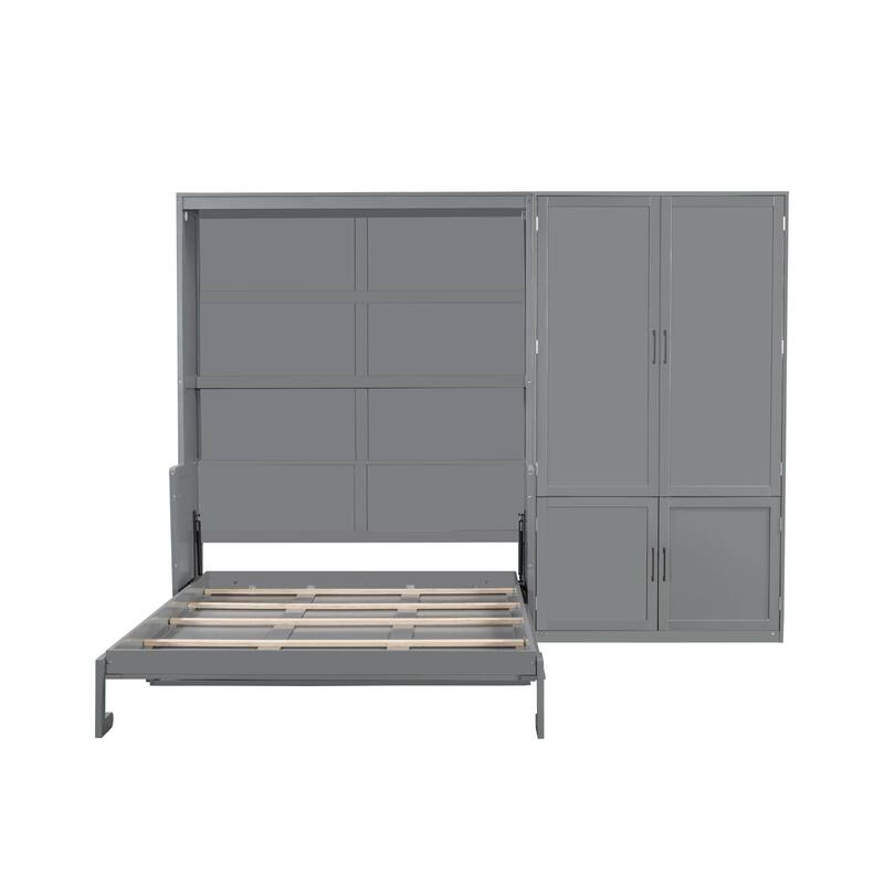 Queen Size Wall Bed with Closet and Hydraulic Lift System, Space-Saving Design, Gray