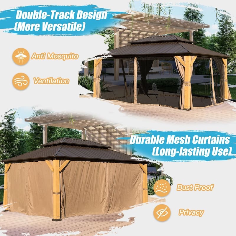 Cedar Wood Hardtop Gazebo with Galvanized Steel Double Roof, Netting & Curtains