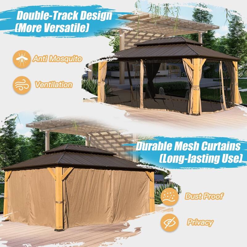 GDFStudio - Harper Outdoor Gazebo with Cedar Wood Frame and Galvanized Steel Double Roof