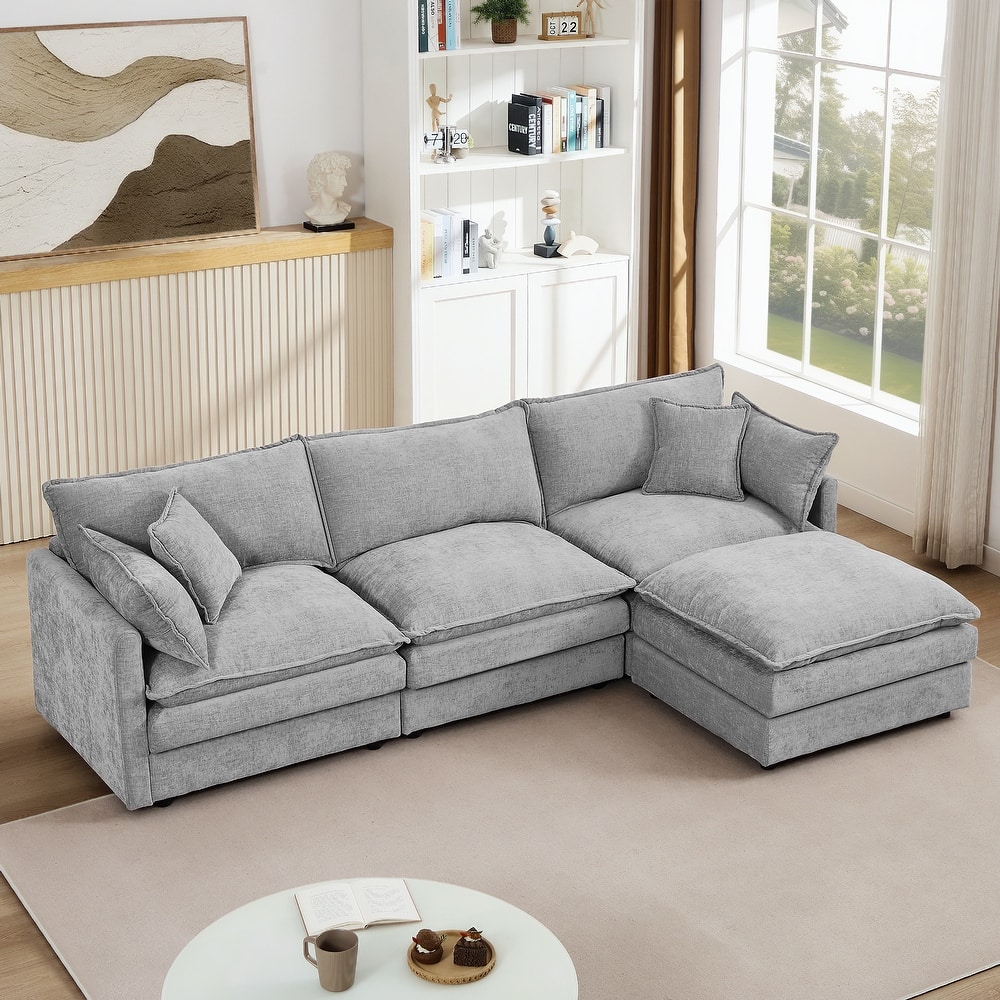 GDFStudio - Chenille Modular 3-Seater 102" L-Shaped Sectional Sofa with Ottoman