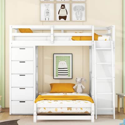 Twin over Twin Bunk Bed with LED Light and USB Ports, White