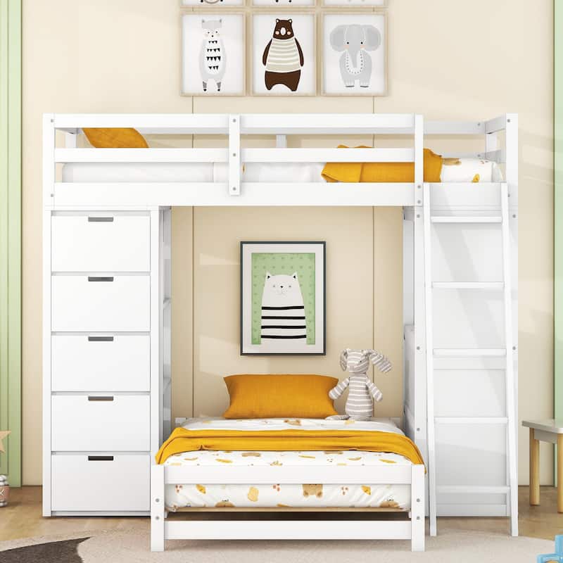 White Twin Over Twin Bunk Bed with LED Light and USB Ports, Storage Drawers, Shelves, and Desk