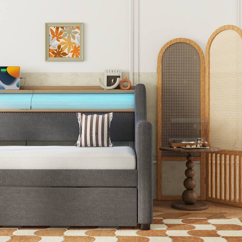 Twin Size Upholstered Daybed with Trundle Bed, Charging Station and LED Lights