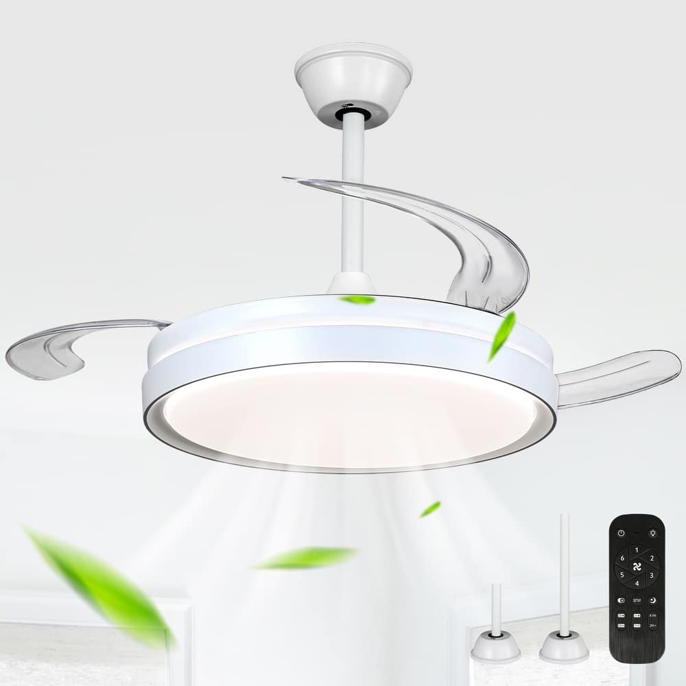 Cusp Barn 42 Inch Retractable Ceiling Fan with Lights, Modern Silent DC Motor 6 Speeds Chandelier Ceiling Fan for Bedroom