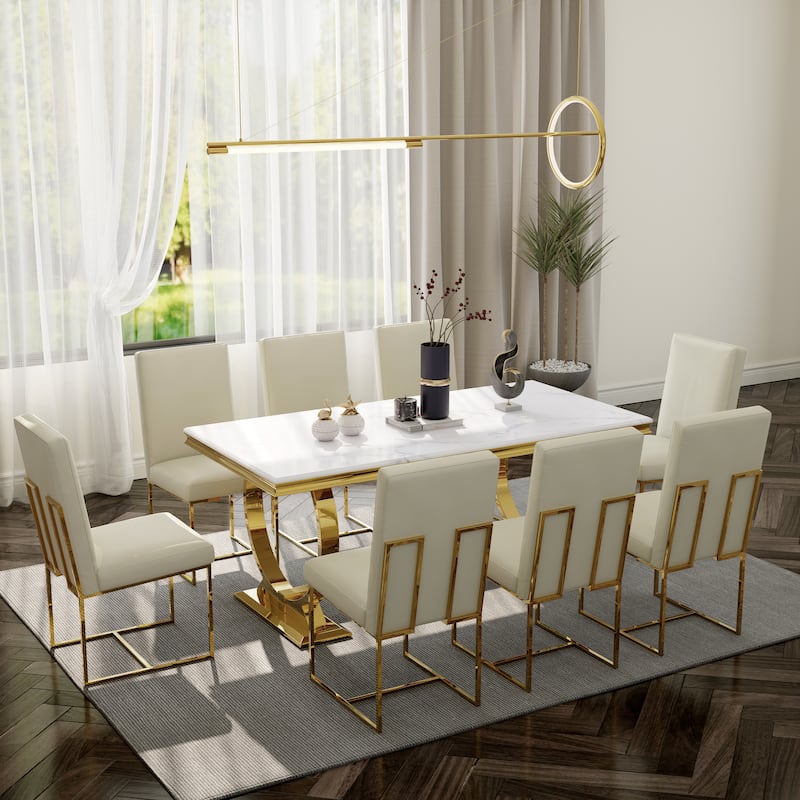White and Gold Dining Room Table Set with 72 inch Table and White PU Leather Dining Chairs