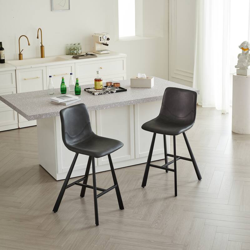 Set of 2 Bar Stool with Ergonomic Curved Backrest - Sturdy Black Metal Frame Counter Height Seating with Footrest