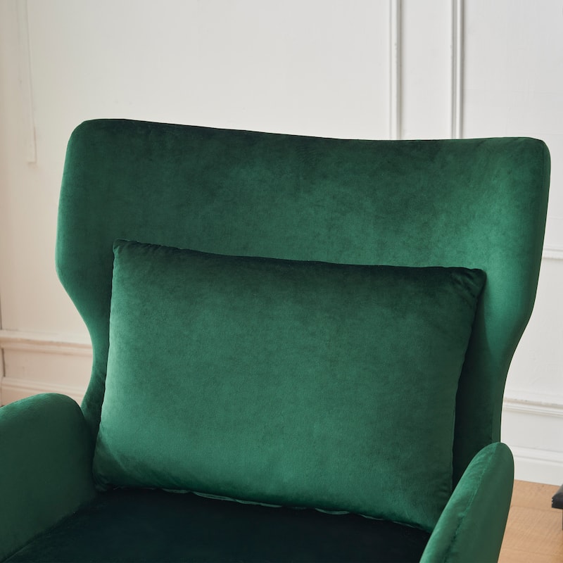Green Modern 32" Upholstered Wing Back Velvet Accent Chair with Metal Legs and Pillow