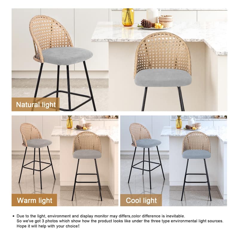 2 Set Rattan 27" Upholstered Chenille Full Back Counter Stool