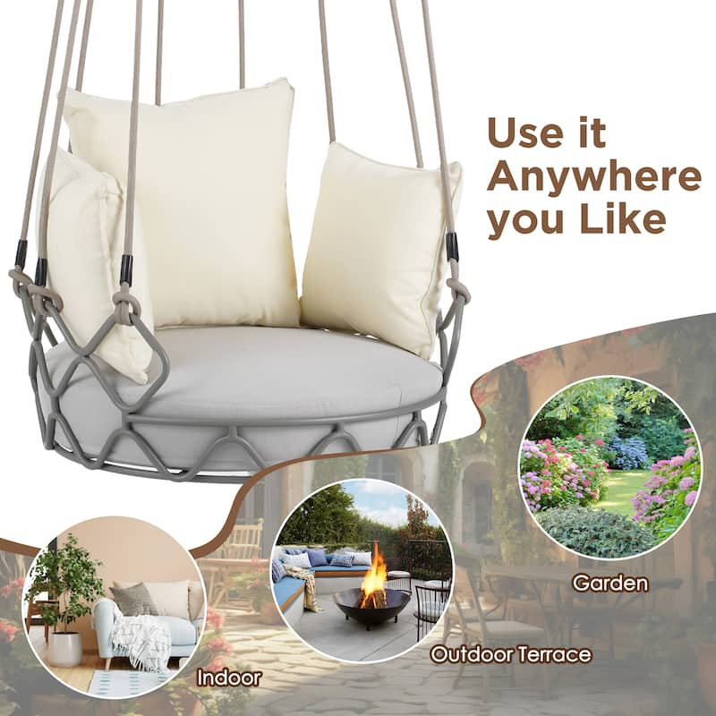 Outdoor Porch Swing Chair Hanging Basket, Hanging Chair with UV Resistant Cushion, Olefin Fabric for Patio Porch