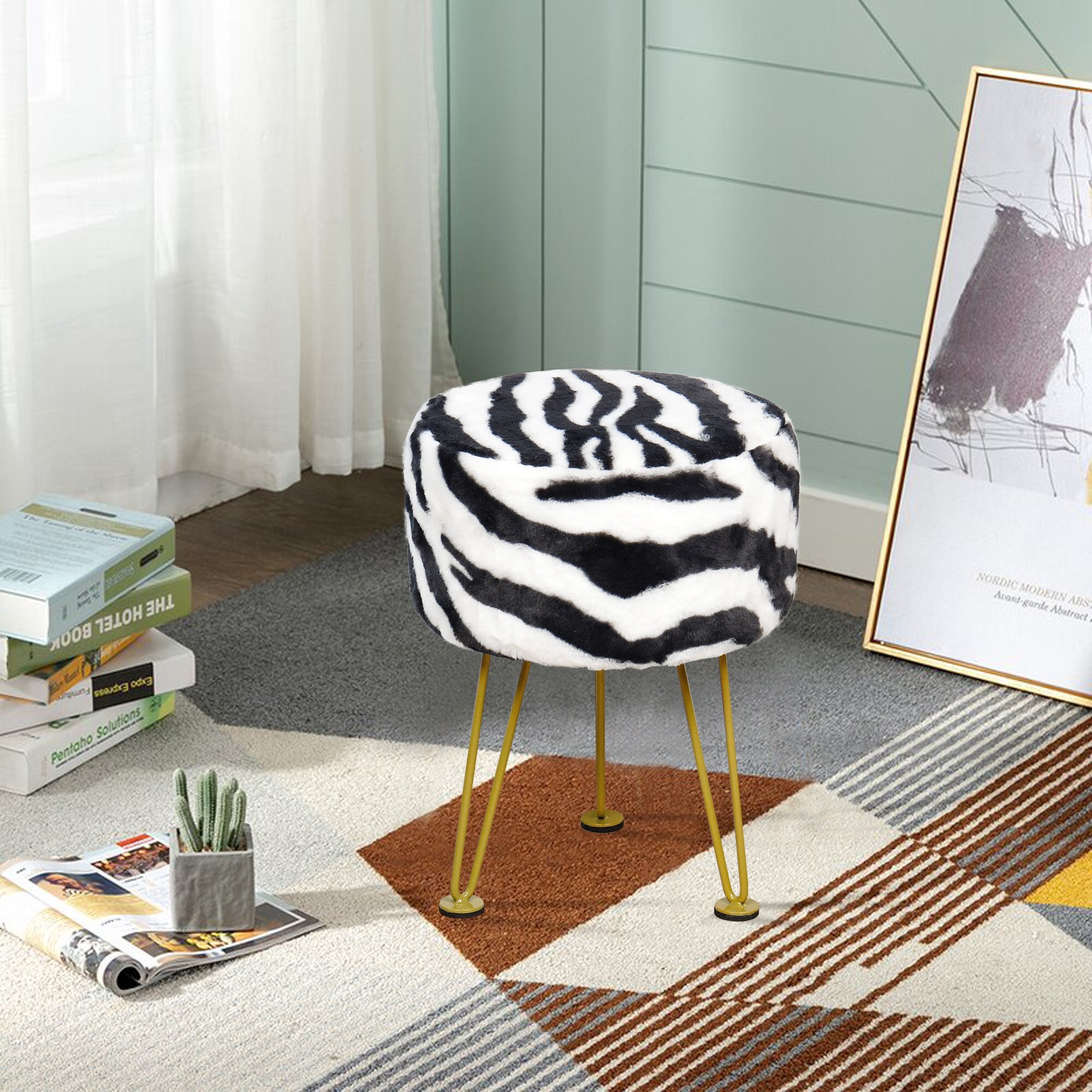 Home Soft Things Zebra Fauxfur Ottoman with Gold Metal Legs. - Picture 13 of 14