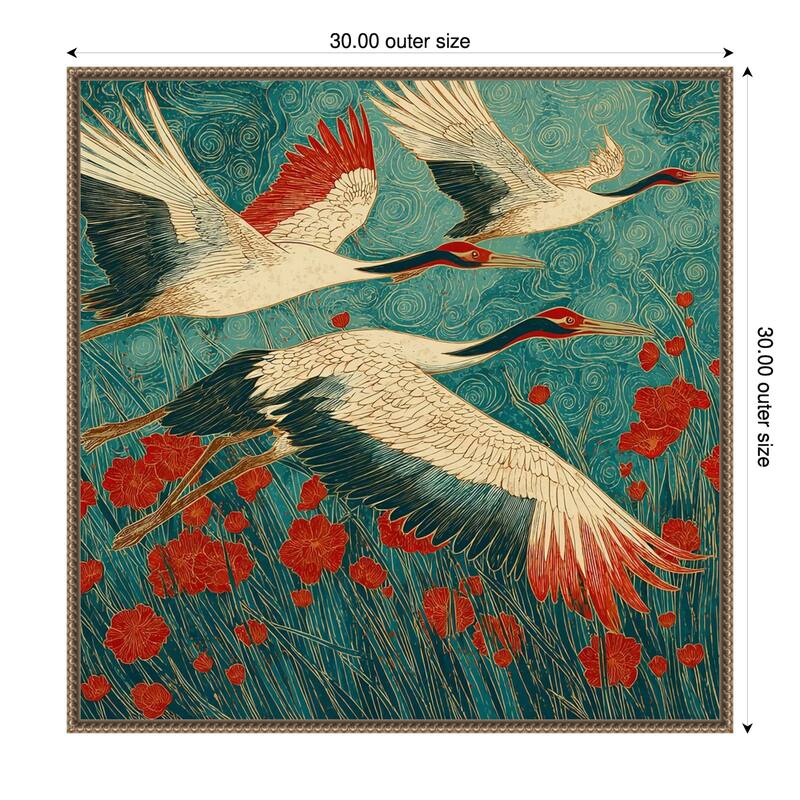 A Cranes Florals of Flight by Tradelink inhouse artist Framed Canvas Wall Art Print - 30 x 30 in