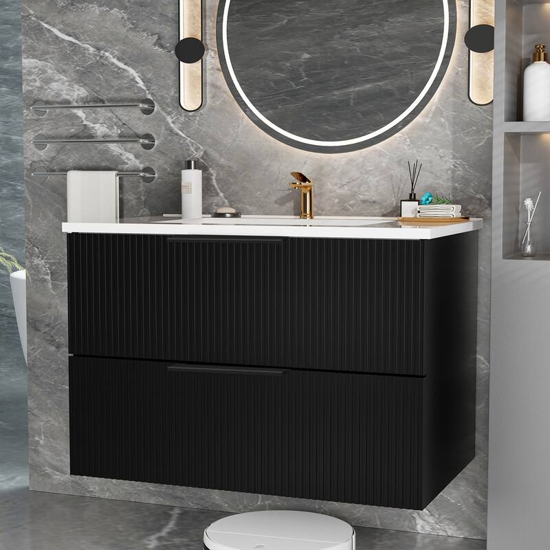 Modern Fluted Wall-Mounted Vanity with Ceramic Sink & Integrated Drawers - Matte Black - 30 Inch