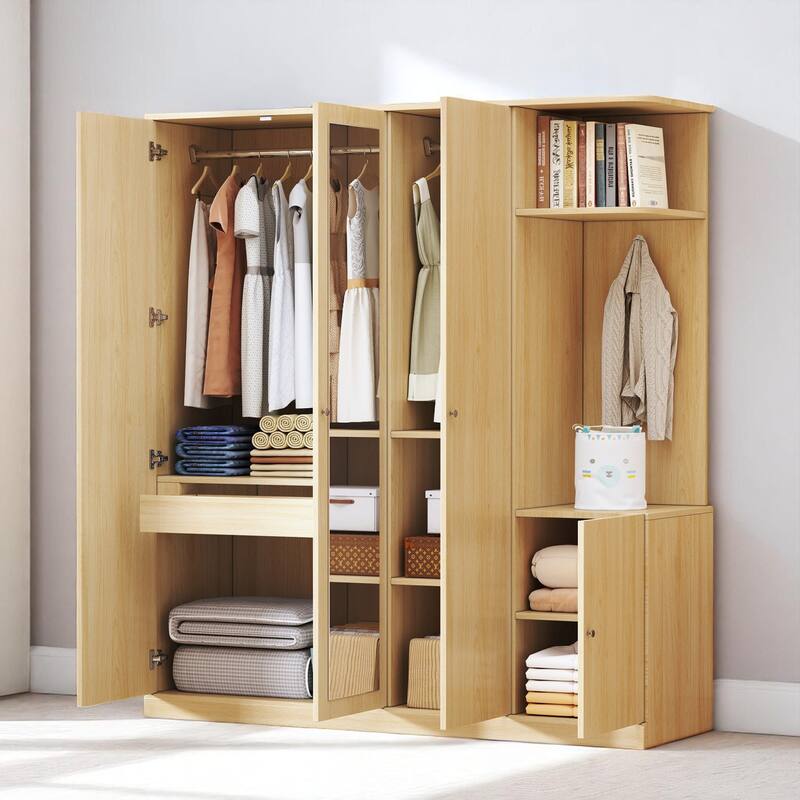 Modern Particle Board Wardrobe with Mirror, 2 Hanging Rails, 1 Drawer, Shelves and Safety Lock, 65.9" Tall
