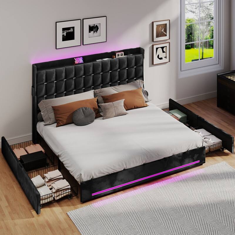 Moasis King Size Velvet Platform Bed with 4 Drawers,Bed Frames with RGB Light & Built-in Charging Station