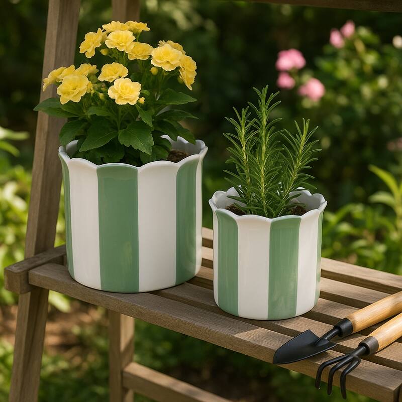 Ceramic Striped Flower Pots with Scalloped Edge - Set 2, 8", 6" - 8.0"
