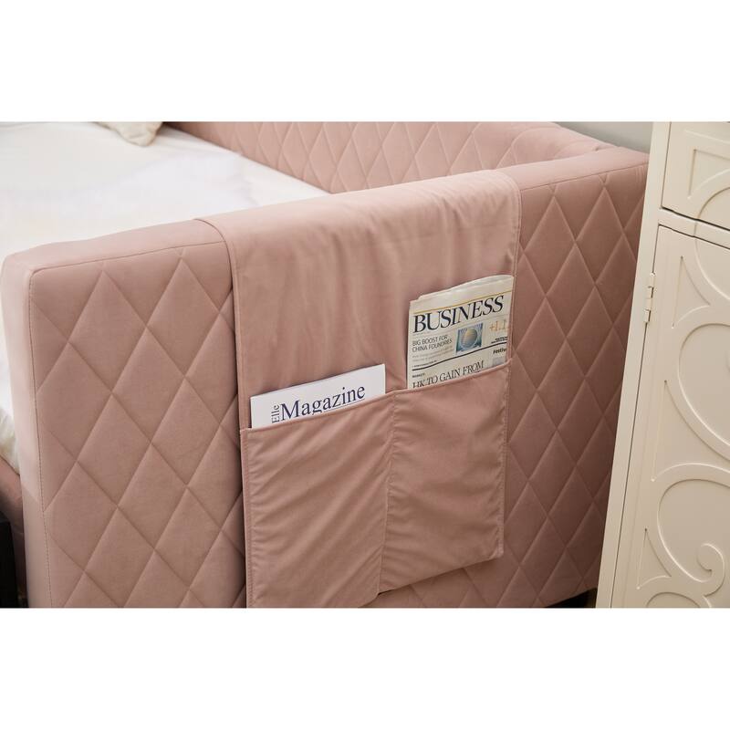 Twin Size Upholstered Daybed with Trundle, Velvet Sofa Bed with USB Port & Side Pockets, Modern V-Grained Backrest Guest Bed