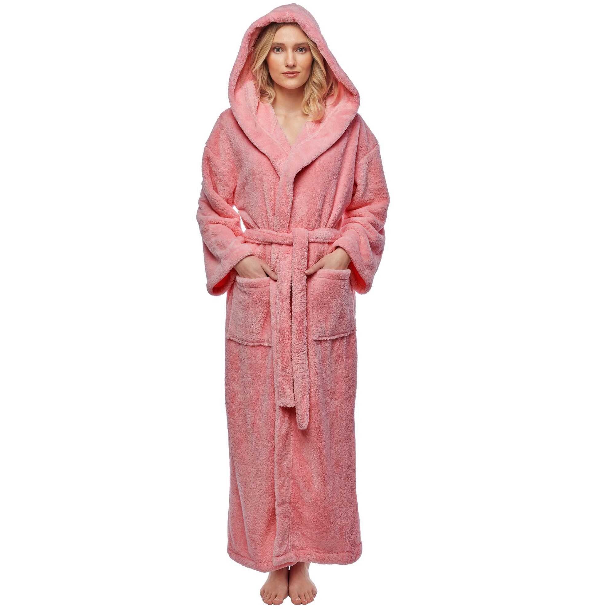Women s Hooded Premium Fleece Full Length Bathrobe Soft Plush Robe Large Ankle Length Purple