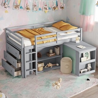 Twin Loft Bed with ,Drawer Cabinet, Shelf Cabinet and Pulling -Out Desk,Safety Guardrail,Ladder