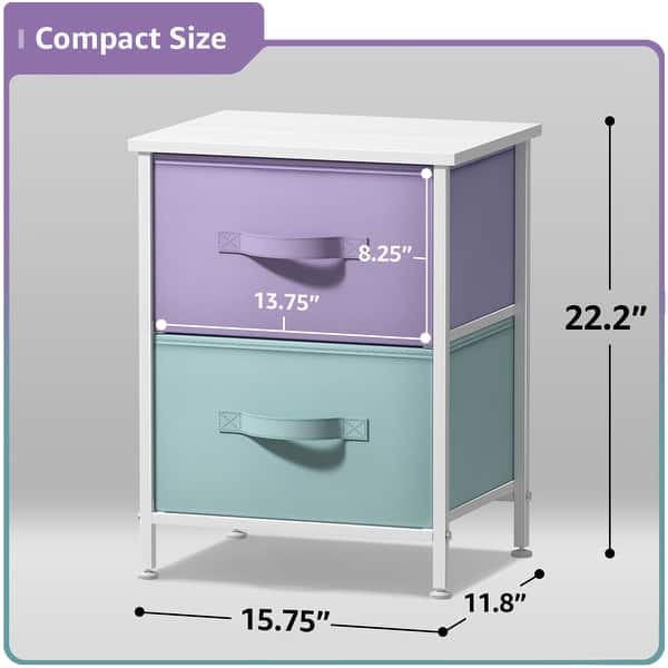 dimension image slide 4 of 7, Sorbus Nightstand with 2 Drawers - Steel Frame, Wood Top & Easy Pull Fabric Bins (2 Pack)