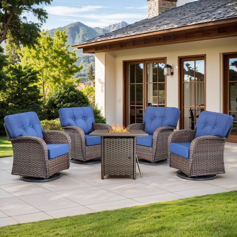 Gymojoy 5-Piece Outdoor Wicker Patio Furniture Set with 55,000 BTU Fire Pit Table, Swivel Chairs & Thick Cushions