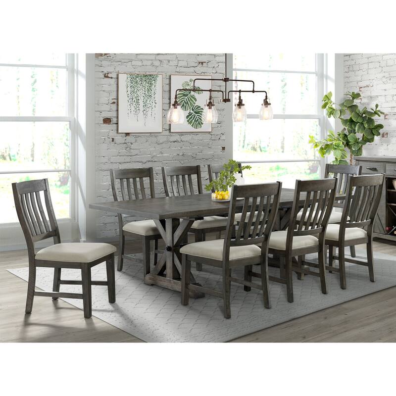 Extendable Dining Table Set - 9 Piece Rectangular Table & Chairs - Gray Wood Finish - Seats 8