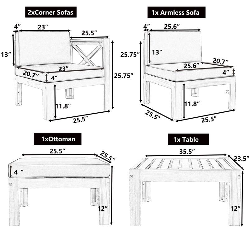 5-Piece Acacia Wood Patio Furniture Set, Outdoor Sectional Conversation Sets Sofa Set with Coffee Table and X-Back Wood Frame