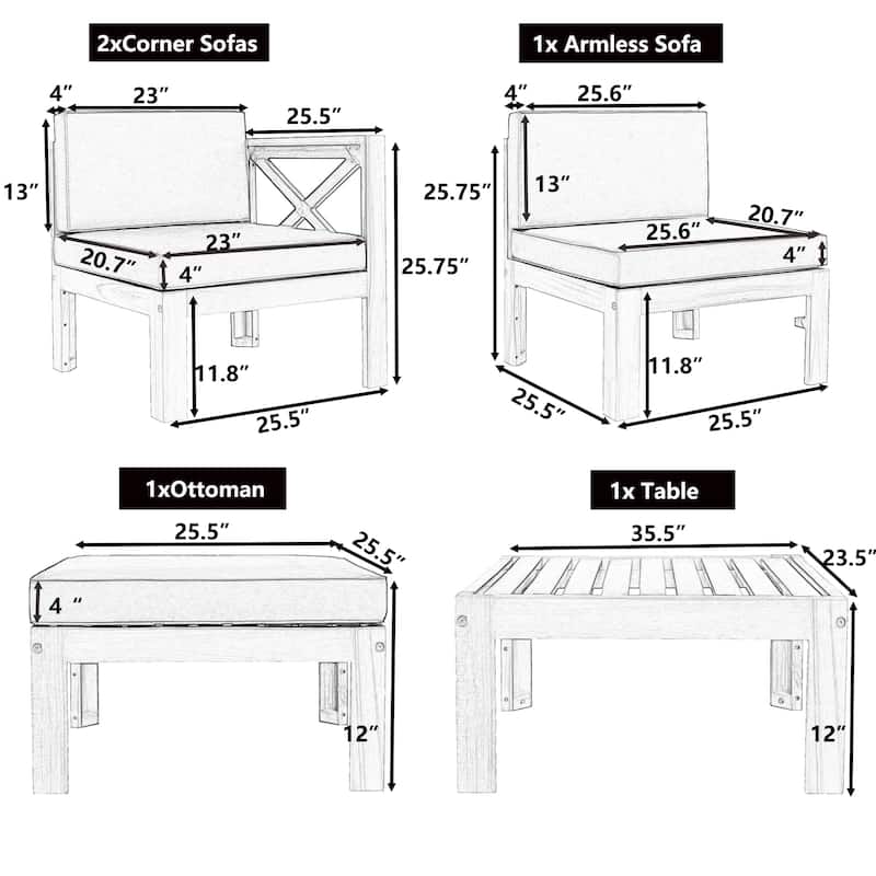 5 Piece Outdoor Patio Furniture Set, All Weather Outdoor Conversation Set, Wooden Sectional Sofa Set with Coffee Table