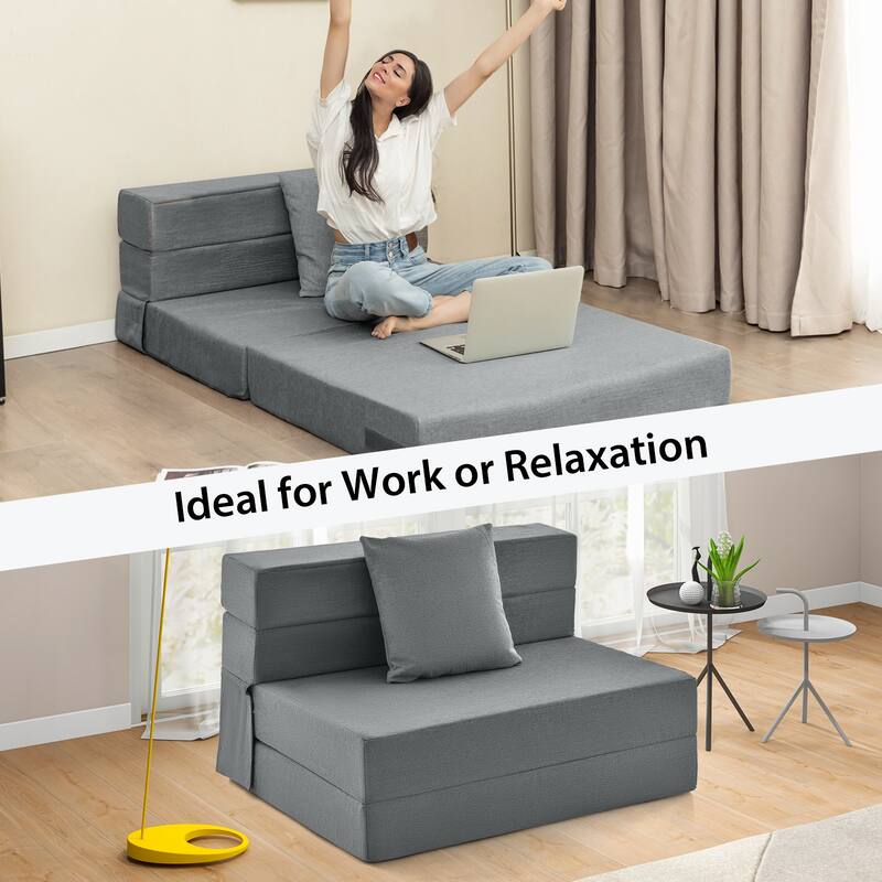 Dark Grey Faux Linen Foldable Sofa Bed with Ergonomic Comfort Pillow Support for All Ages - 39" x 29.5" x 24.5" (L x W x H)