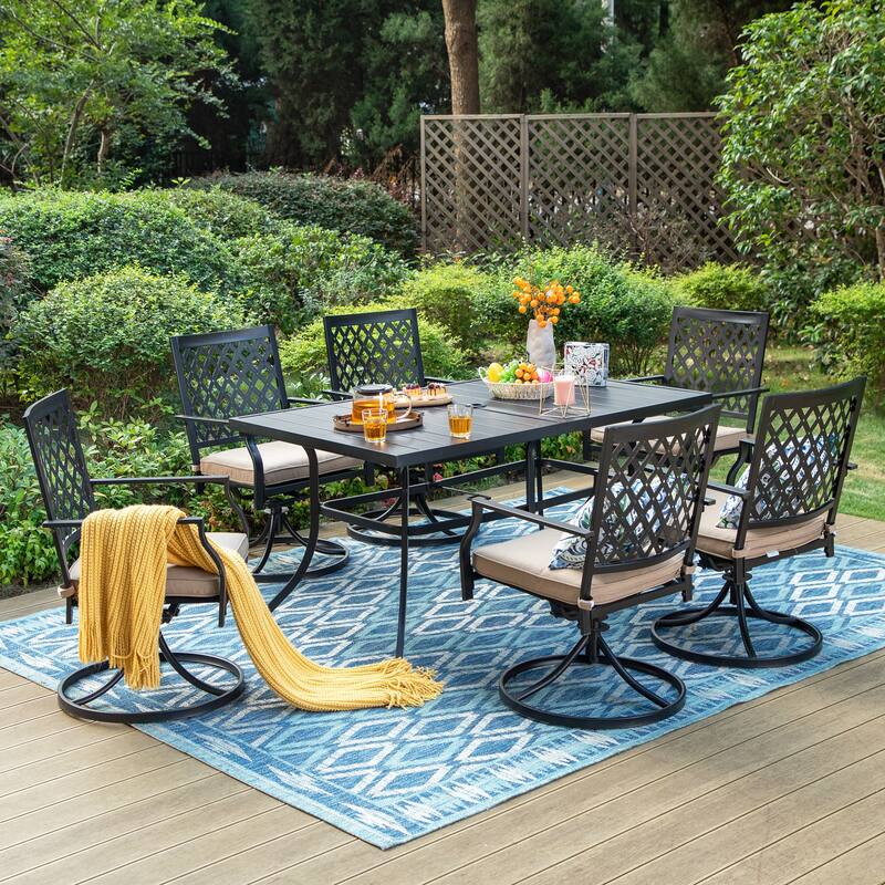 MAISON ARTS 7 Pieces Patio Dining Set, 6 x Swivel Dining Chairs with Cushion and 1 Metal Table with 2.6" Umbrella Hole