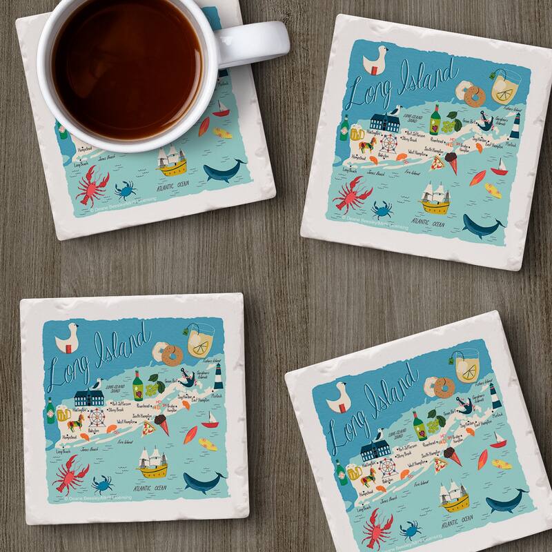 Long Island Home 4-Pack Absorbent Stone Coasters with Protective Cork Backing 4" Square Made in The USA Easily Wipes Clean